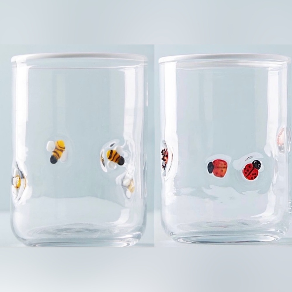 NEW Anthropologie Set of 2 Lola Glasses 1 Bumblebee & 1 Ladybug Design SOLD OUT!